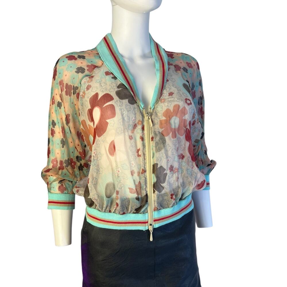 PLEIN SUD NWT Floral Silk Sheer Zip-Up Bomber Style Blouse FR 40 US 8